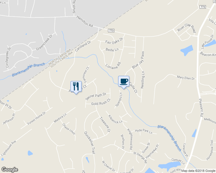 map of restaurants, bars, coffee shops, grocery stores, and more near 1241 Gold Rush Court in Fort Mill