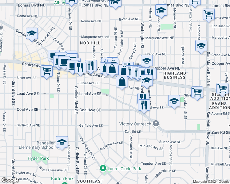 map of restaurants, bars, coffee shops, grocery stores, and more near 219 Montclaire Drive Southeast in Albuquerque
