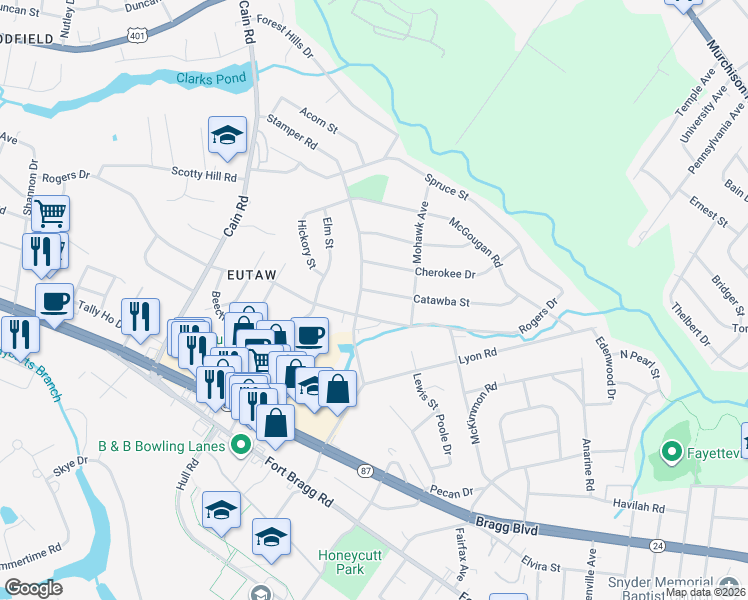 map of restaurants, bars, coffee shops, grocery stores, and more near 1919 Catawba Street in Fayetteville