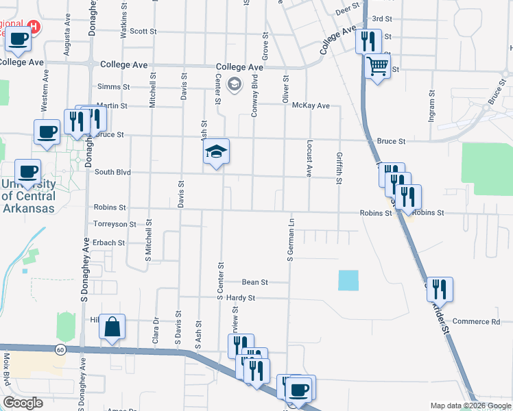 map of restaurants, bars, coffee shops, grocery stores, and more near 108 Conway Boulevard in Conway