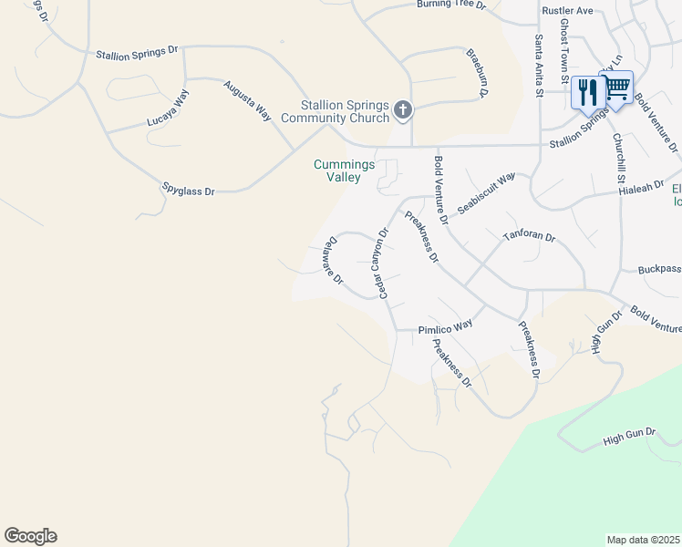 map of restaurants, bars, coffee shops, grocery stores, and more near 28551 Delaware Drive in Stallion Springs