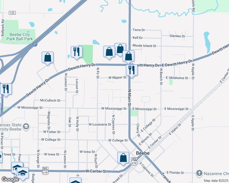 map of restaurants, bars, coffee shops, grocery stores, and more near 109 Goff Street in Beebe