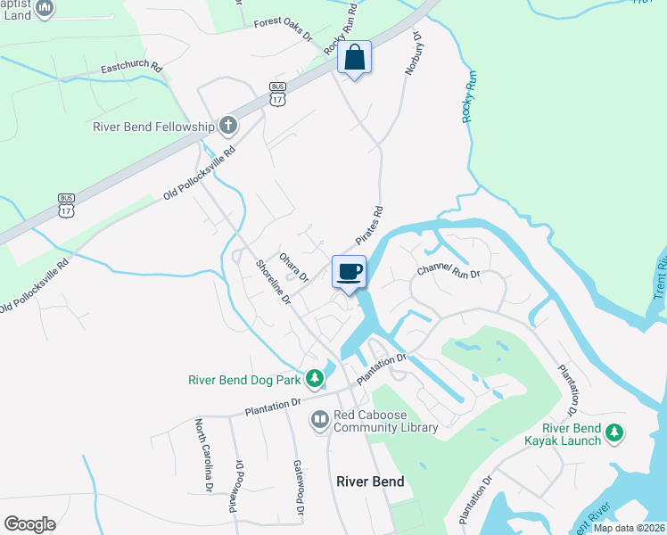 map of restaurants, bars, coffee shops, grocery stores, and more near 133 Pirates Road in New Bern