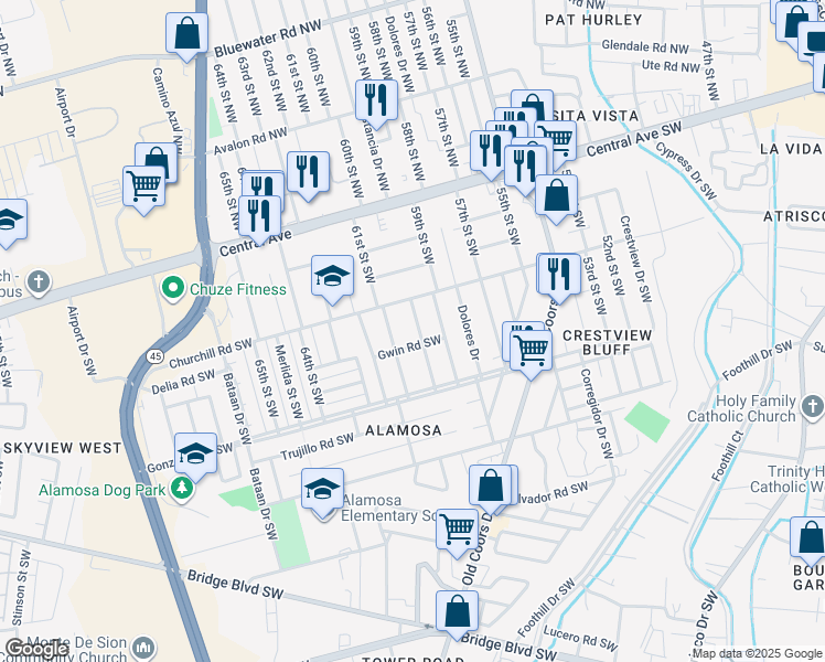 map of restaurants, bars, coffee shops, grocery stores, and more near 421 60th Street Southwest in Albuquerque