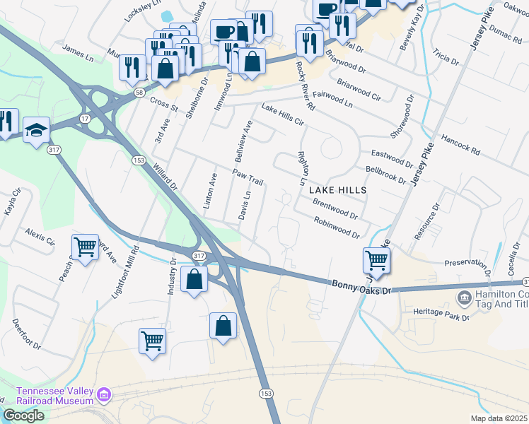 map of restaurants, bars, coffee shops, grocery stores, and more near 4627 Paw Trail in Chattanooga
