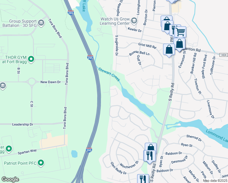 map of restaurants, bars, coffee shops, grocery stores, and more near 979 Stewarts Creek Drive in Fayetteville