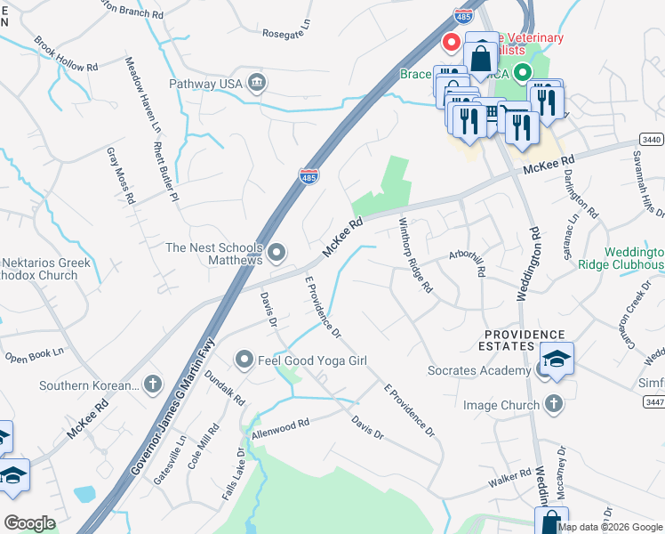 map of restaurants, bars, coffee shops, grocery stores, and more near 3011 McKee Road in Charlotte