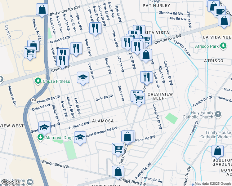 map of restaurants, bars, coffee shops, grocery stores, and more near 428 59th Street Southwest in Albuquerque