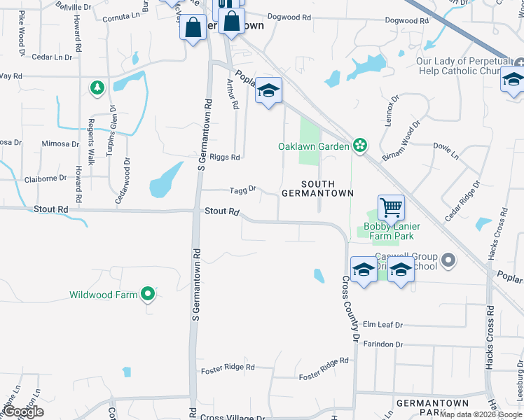 map of restaurants, bars, coffee shops, grocery stores, and more near 2612 Canale Tagg Cove in Germantown