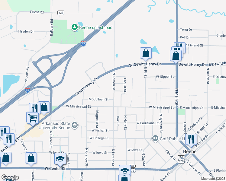 map of restaurants, bars, coffee shops, grocery stores, and more near 1205 North Lemon Street in Beebe