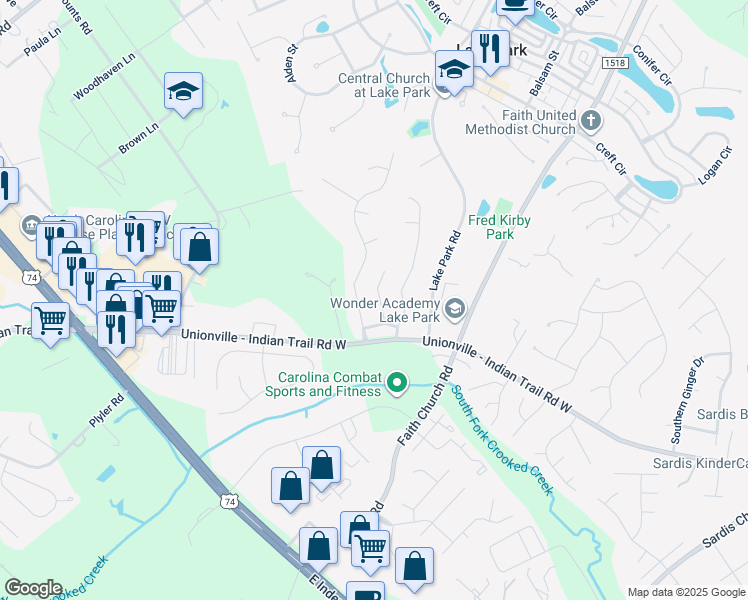 map of restaurants, bars, coffee shops, grocery stores, and more near 3309 Hard Rock Court in Indian Trail