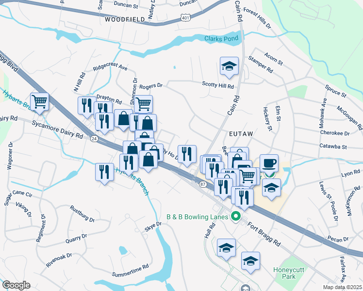 map of restaurants, bars, coffee shops, grocery stores, and more near 937 Pedro Drive in Fayetteville