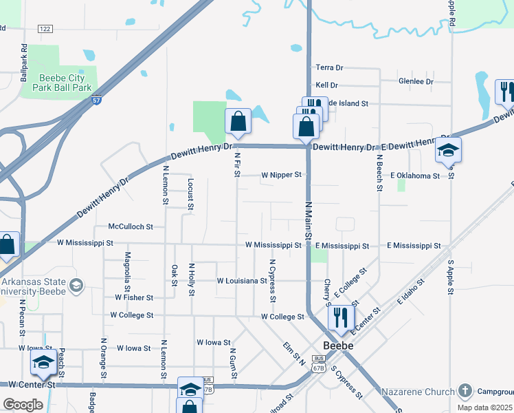 map of restaurants, bars, coffee shops, grocery stores, and more near 209 Goff Street in Beebe