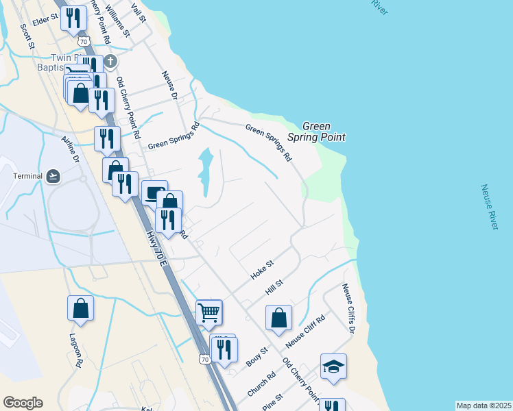 map of restaurants, bars, coffee shops, grocery stores, and more near 207 Selover Avenue in New Bern