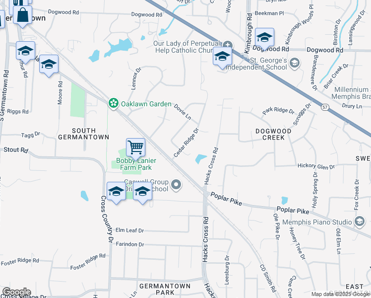 map of restaurants, bars, coffee shops, grocery stores, and more near 2616 Cedar Ridge Drive in Memphis