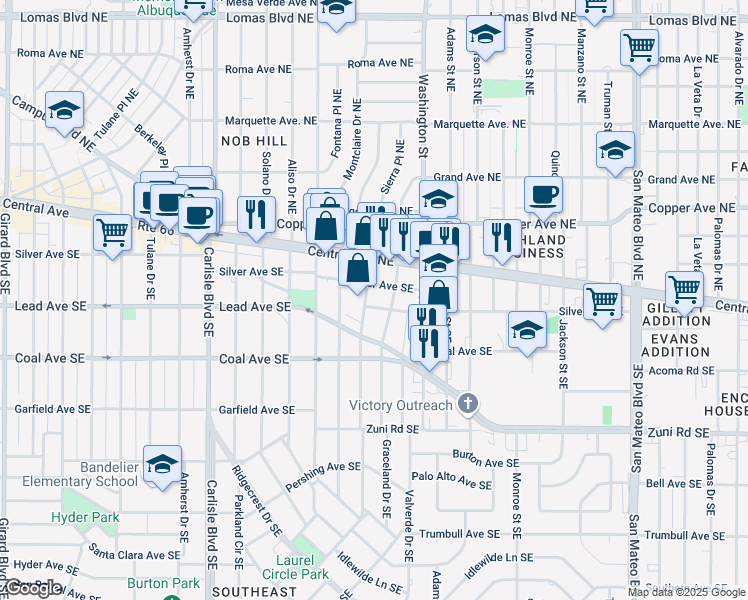 map of restaurants, bars, coffee shops, grocery stores, and more near 4207 Mesa Grande Place Southeast in Albuquerque