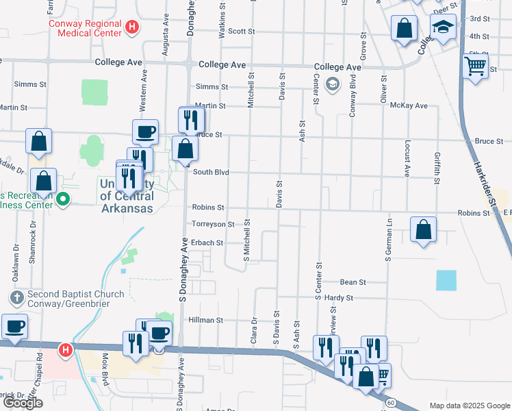 map of restaurants, bars, coffee shops, grocery stores, and more near 1828 Robins Street in Conway