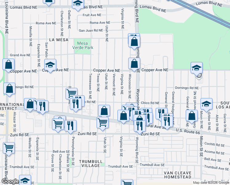 map of restaurants, bars, coffee shops, grocery stores, and more near 229 Vermont Street Northeast in Albuquerque