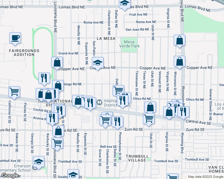 map of restaurants, bars, coffee shops, grocery stores, and more near 225 Dallas Street Northeast in Albuquerque