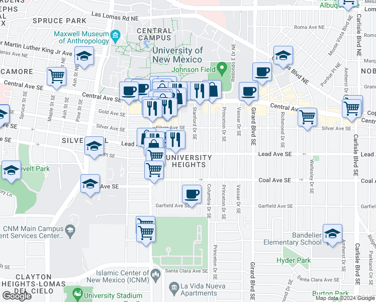 map of restaurants, bars, coffee shops, grocery stores, and more near in Albuquerque