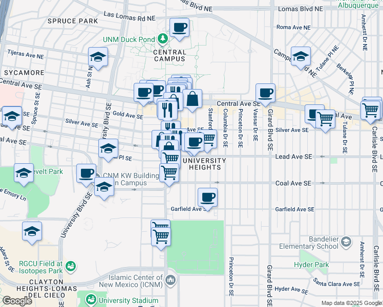 map of restaurants, bars, coffee shops, grocery stores, and more near 221 Cornell Drive Southeast in Albuquerque