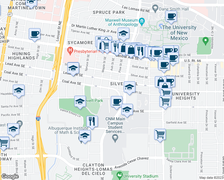 map of restaurants, bars, coffee shops, grocery stores, and more near 1618 Coal Avenue Southeast in Albuquerque