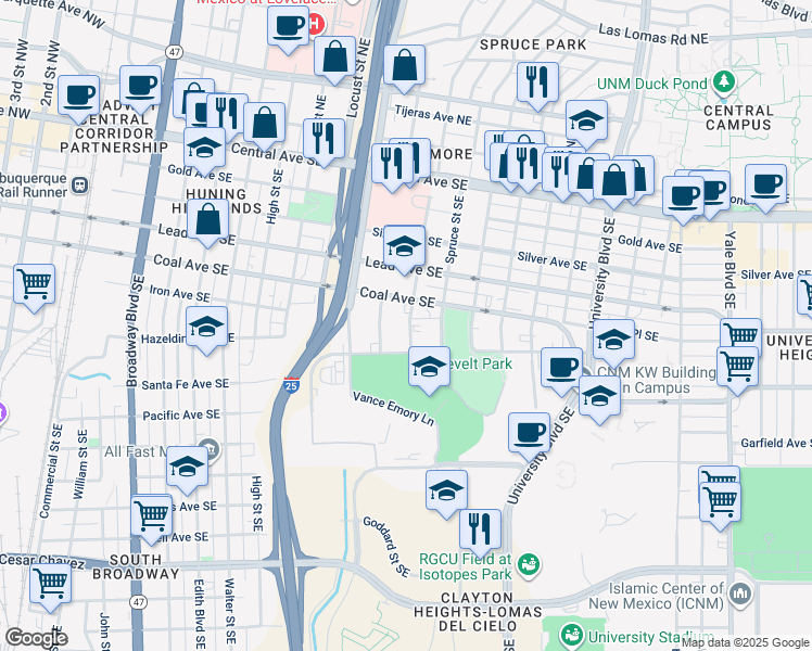 map of restaurants, bars, coffee shops, grocery stores, and more near 521 Cedar Street Southeast in Albuquerque