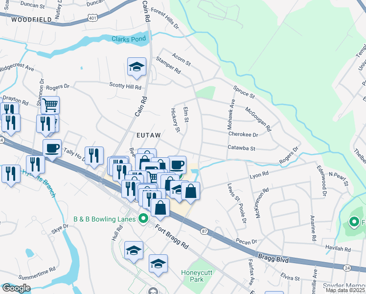 map of restaurants, bars, coffee shops, grocery stores, and more near 2012B Rogers Drive in Fayetteville