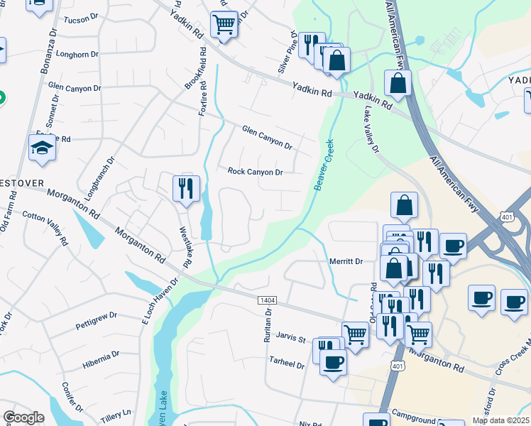 map of restaurants, bars, coffee shops, grocery stores, and more near 295 Warton Lane in Fayetteville