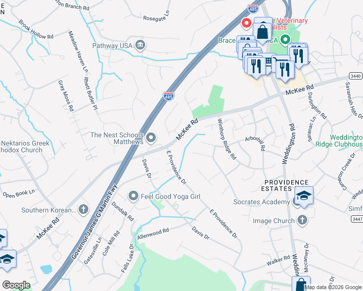 map of restaurants, bars, coffee shops, grocery stores, and more near 3011 McKee Road in Charlotte