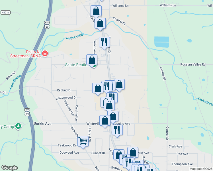 map of restaurants, bars, coffee shops, grocery stores, and more near North Broadway Street in Poteau