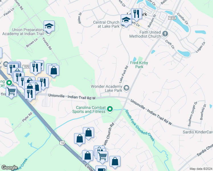 map of restaurants, bars, coffee shops, grocery stores, and more near 3308 Hard Rock Court in Indian Trail