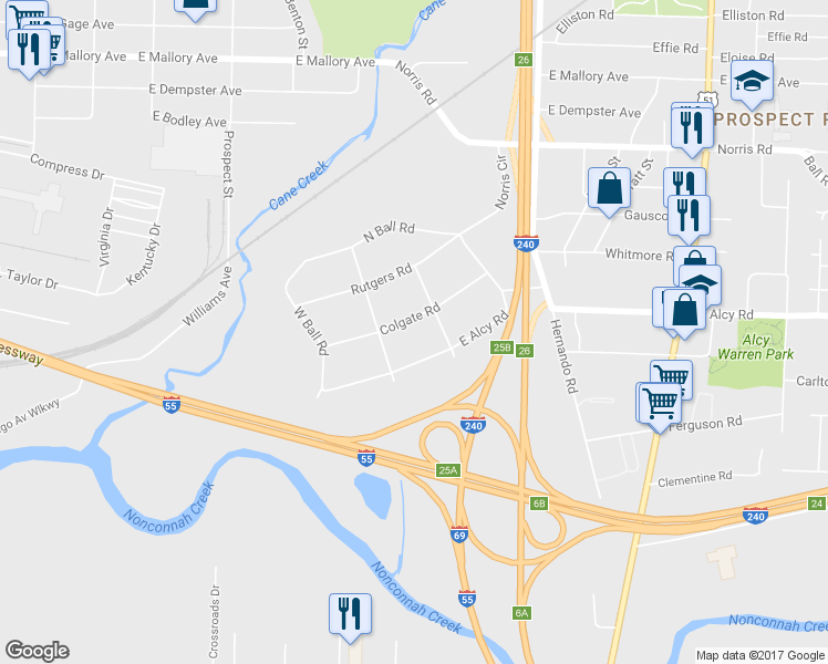 map of restaurants, bars, coffee shops, grocery stores, and more near 987 Colgate Road in Memphis
