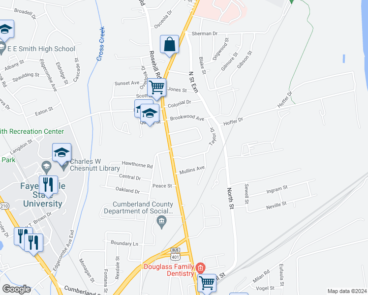 map of restaurants, bars, coffee shops, grocery stores, and more near 110 Kensington Circle in Fayetteville