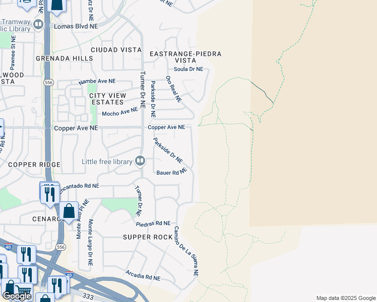 map of restaurants, bars, coffee shops, grocery stores, and more near 715 Supper Rock Drive Northeast in Albuquerque