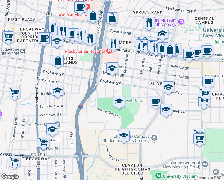 map of restaurants, bars, coffee shops, grocery stores, and more near 521 Cedar Street Southeast in Albuquerque