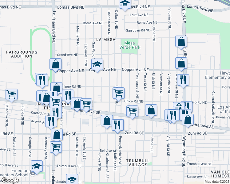 map of restaurants, bars, coffee shops, grocery stores, and more near 225 Dallas Street Northeast in Albuquerque