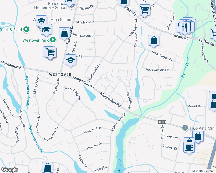 map of restaurants, bars, coffee shops, grocery stores, and more near 3471 Woodford Circle in Fayetteville