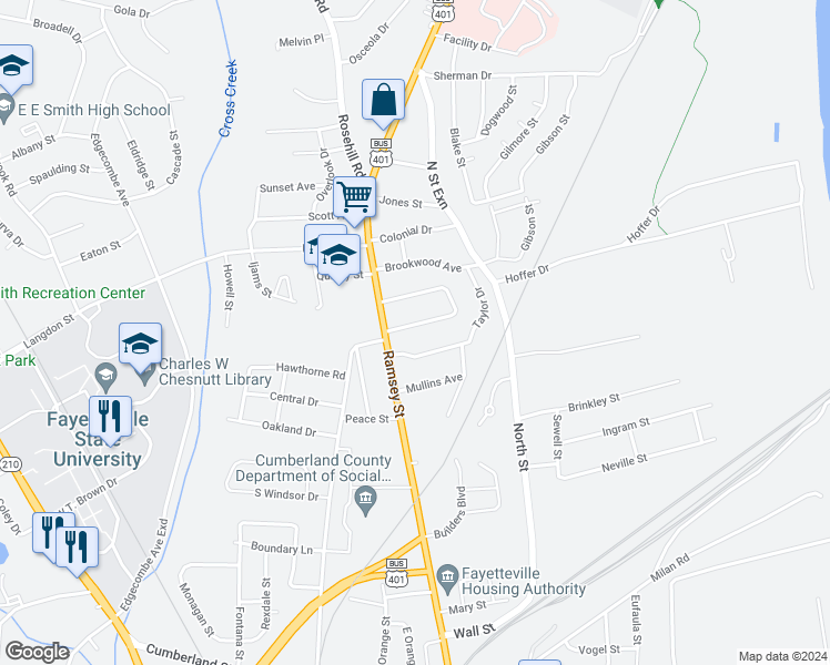 map of restaurants, bars, coffee shops, grocery stores, and more near 110 Kensington Circle in Fayetteville