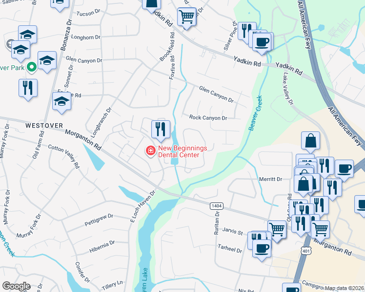 map of restaurants, bars, coffee shops, grocery stores, and more near 217 Waterdown Drive in Fayetteville