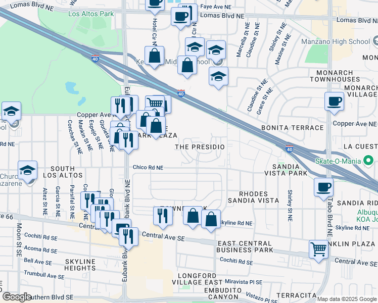 map of restaurants, bars, coffee shops, grocery stores, and more near 10839 Fort Point Lane Northeast in Albuquerque