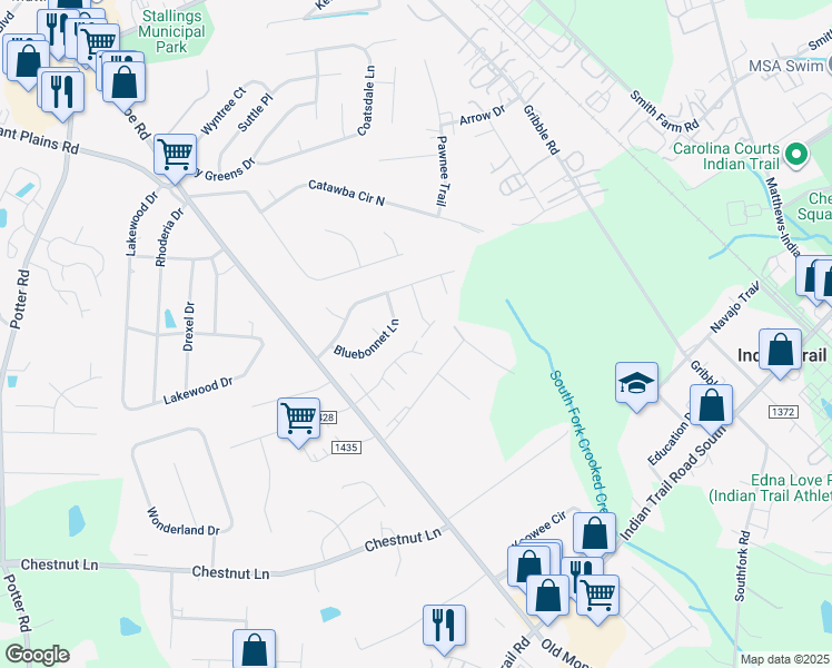 map of restaurants, bars, coffee shops, grocery stores, and more near 5008 Tulip Lane in Matthews