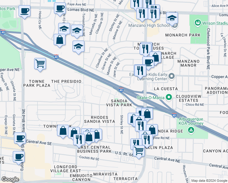 map of restaurants, bars, coffee shops, grocery stores, and more near 99999 Domingo Road Northeast in Albuquerque