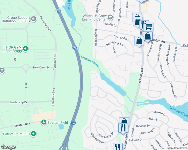 map of restaurants, bars, coffee shops, grocery stores, and more near 979 Stewarts Creek Drive in Fayetteville