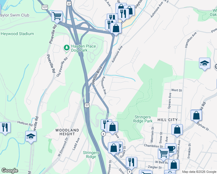 map of restaurants, bars, coffee shops, grocery stores, and more near 1103 Coker Circle in Chattanooga