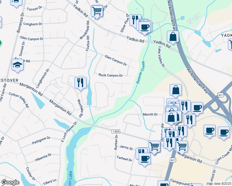 map of restaurants, bars, coffee shops, grocery stores, and more near 295 Warton Lane in Fayetteville