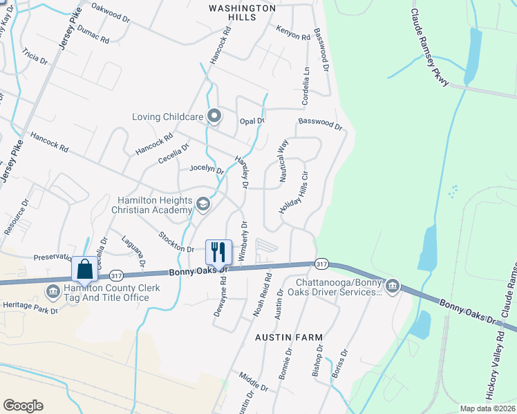 map of restaurants, bars, coffee shops, grocery stores, and more near 7721 Holiday Hills Circle in Chattanooga