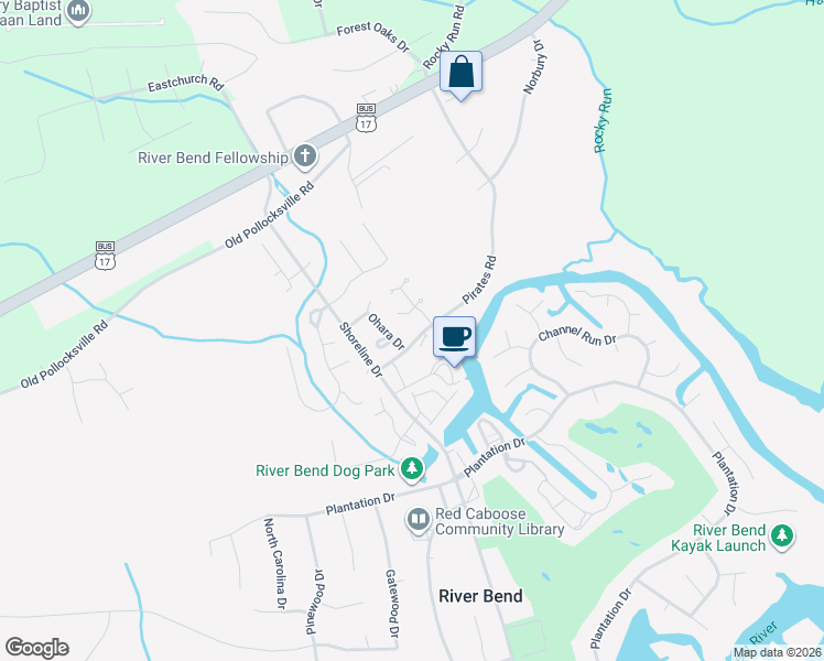 map of restaurants, bars, coffee shops, grocery stores, and more near 120 Pirates Road in New Bern