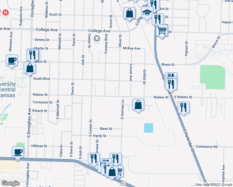 map of restaurants, bars, coffee shops, grocery stores, and more near 107 Oliver Street in Conway