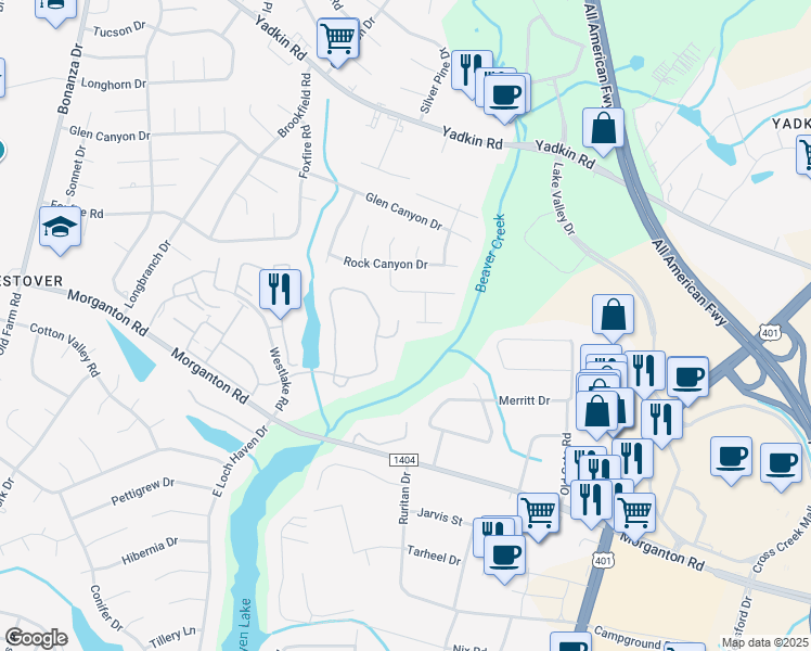 map of restaurants, bars, coffee shops, grocery stores, and more near 295 Warton Lane in Fayetteville